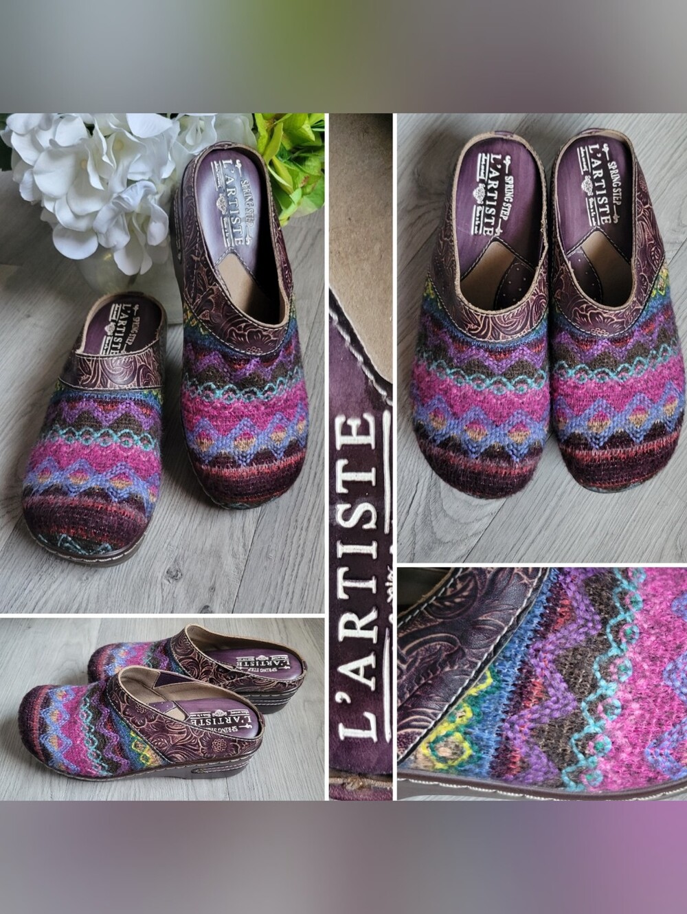 L'artiste Zigino-PRM Spring Step Purple Knit Multicolor Leather Clog, US 5 EU 35